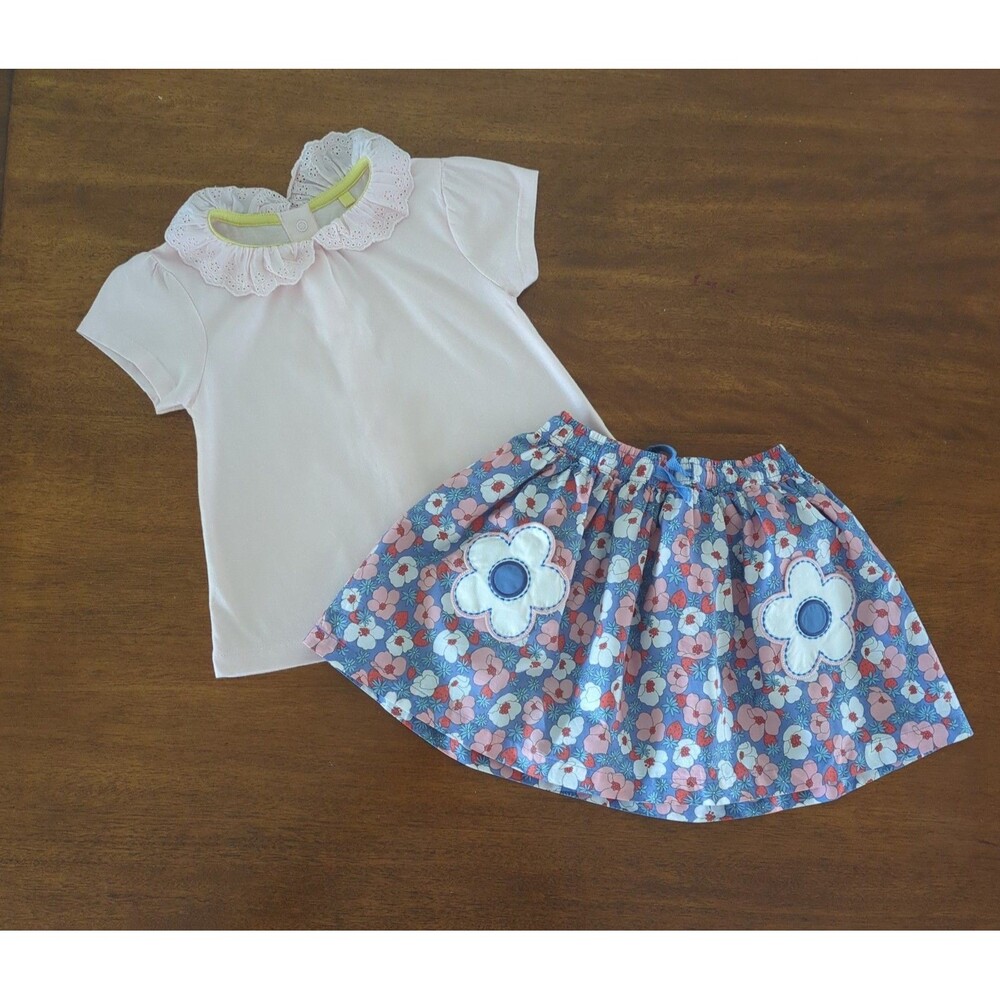 Mini Boden Girls short sleeve top & floral skirt/flower Applique size 3/4 EUC